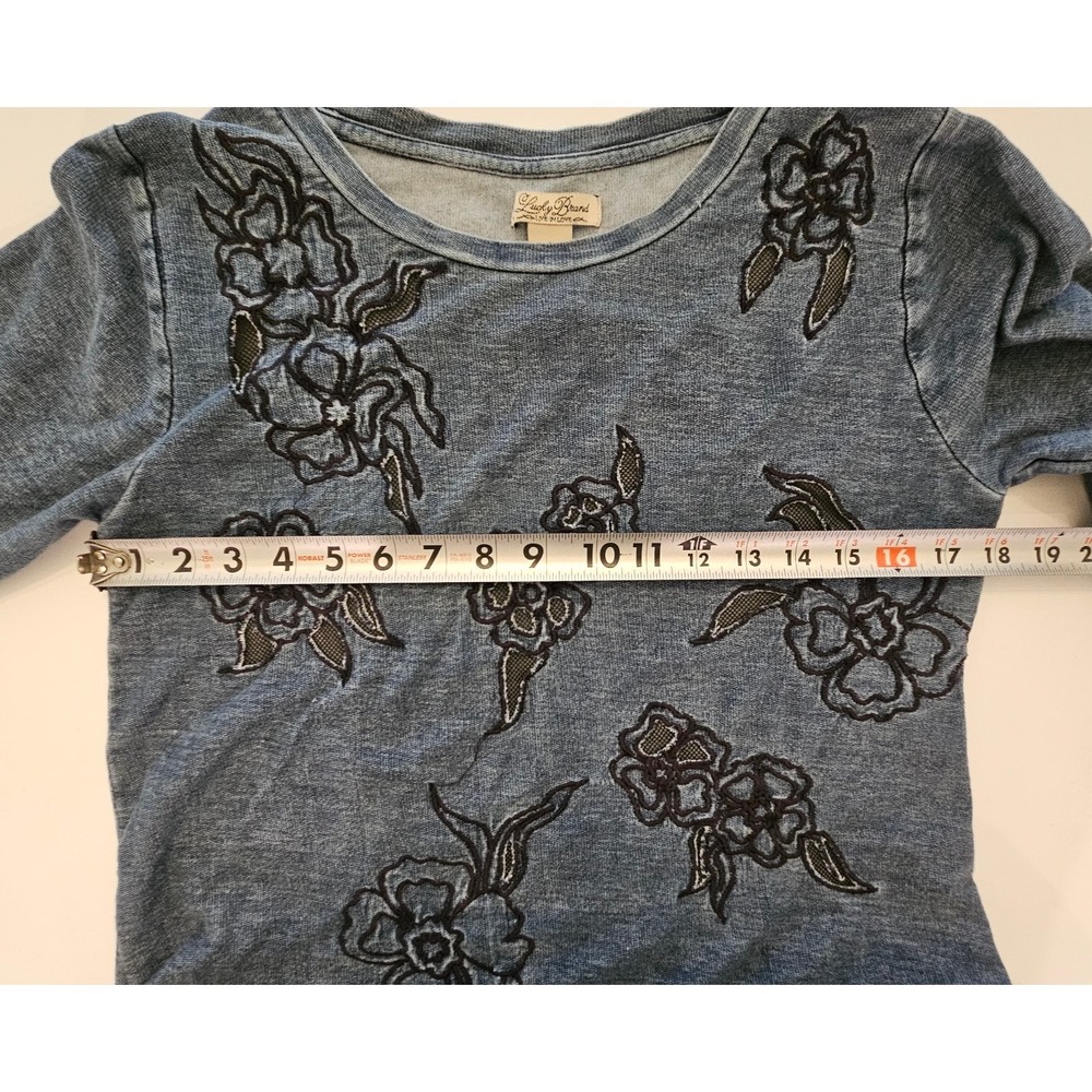 Lucky Brand Blue Long Sleeve Embroidered Mesh Floral Pullover Top Sz S Boho - Picture 8 of 10